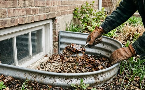 A person wearing work gloves cleaning leaves and debris out of a basement window well.