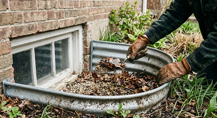 A person wearing work gloves cleaning leaves and debris out of a basement window well.