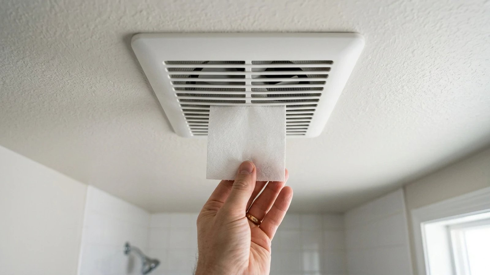 A person performing the toilet paper suction test on a bathroom ceiling exhaust fan.