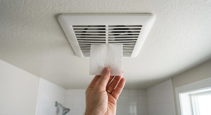 A person performing the toilet paper suction test on a bathroom ceiling exhaust fan.