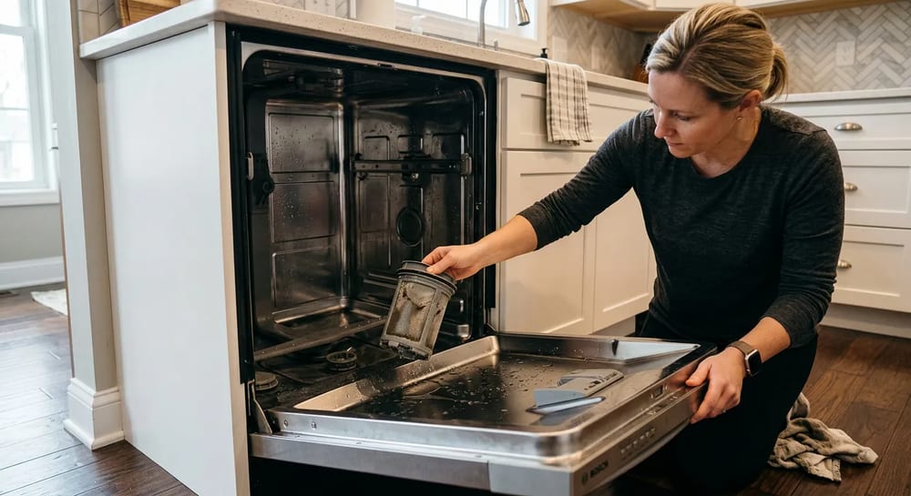 A clean filter keeps your dishwasher draining properly and smelling fresh.
