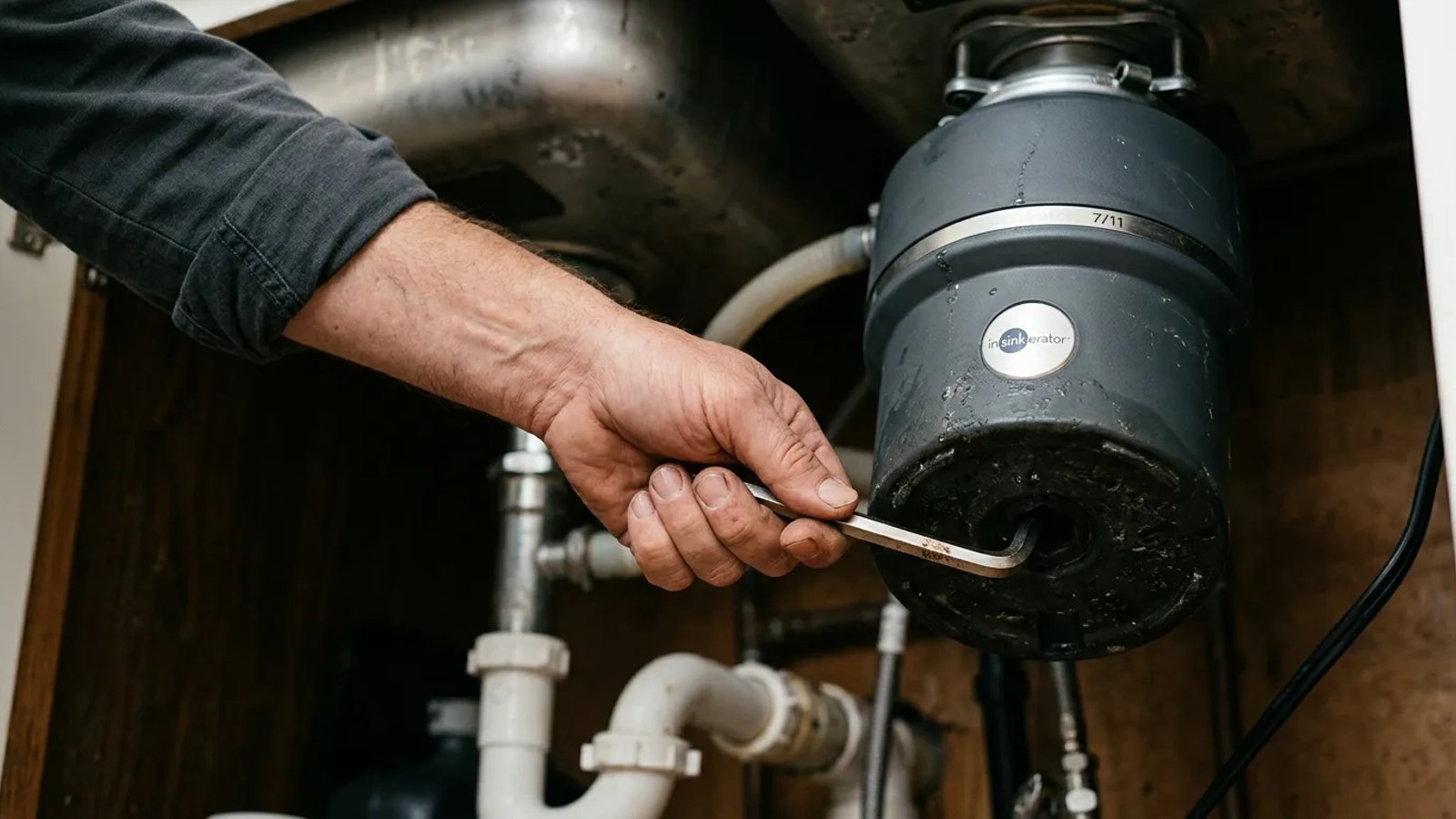 Person using an Allen wrench under the kitchen sink to fix a jammed garbage disposal
