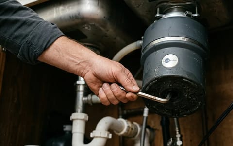 Person using an Allen wrench under the kitchen sink to fix a jammed garbage disposal