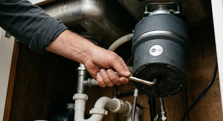 Person using an Allen wrench under the kitchen sink to fix a jammed garbage disposal