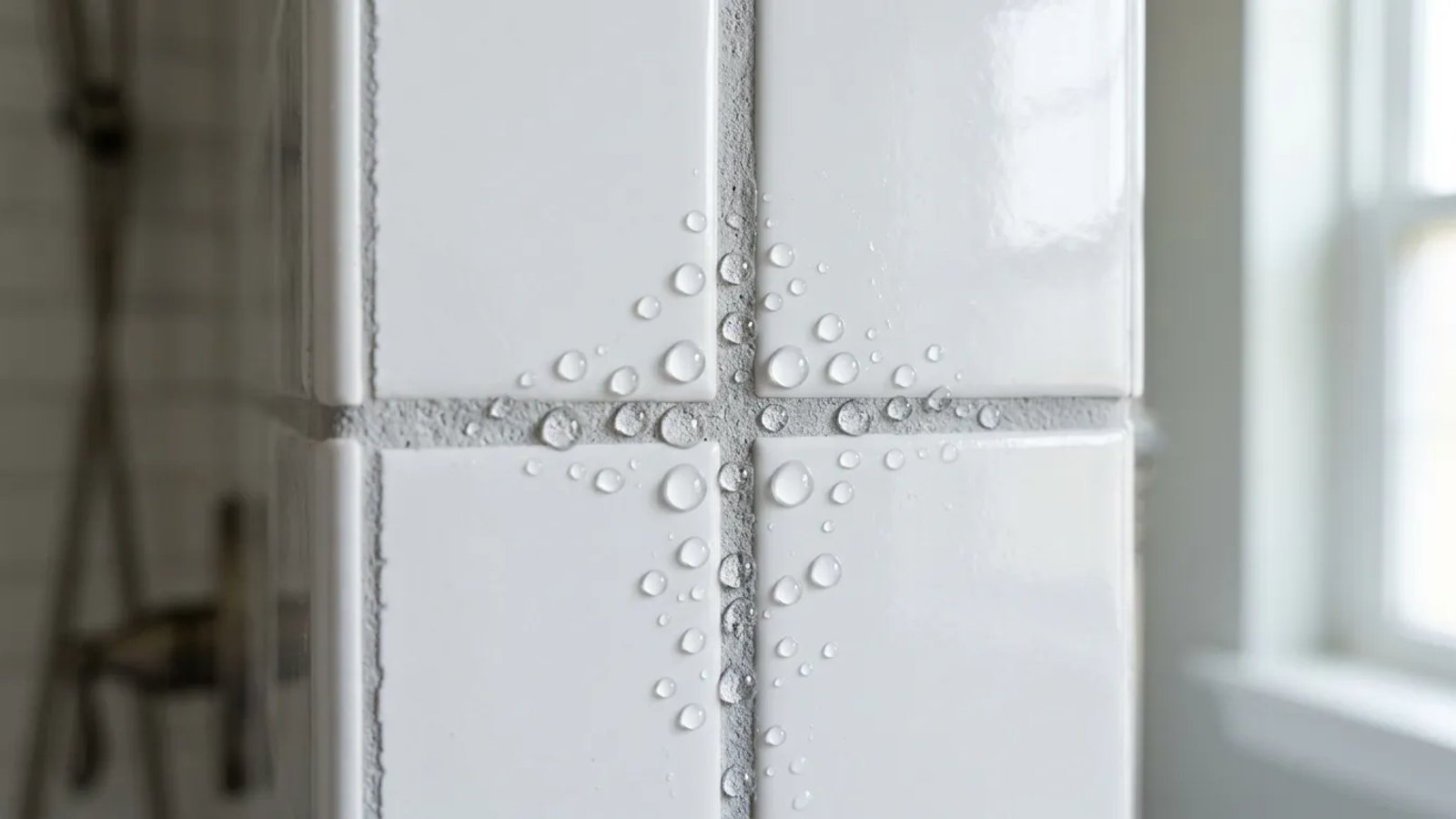 Water beading up on freshly sealed shower grout lines