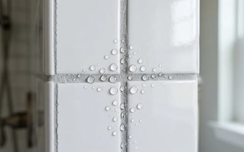 Water beading up on freshly sealed shower grout lines