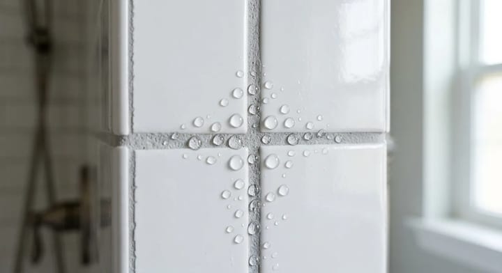 Water beading up on freshly sealed shower grout lines