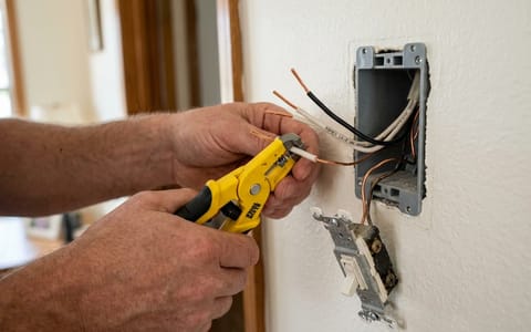 Hands using wire strippers on copper electrical wires during a light switch replacement.