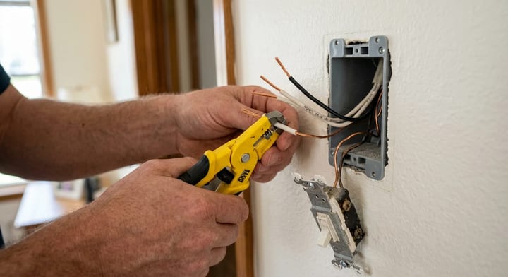 Hands using wire strippers on copper electrical wires during a light switch replacement.
