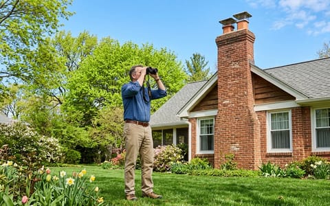 Homeowner inspecting a brick chimney from the ground with binoculars on a sunny spring day.