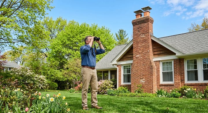 Homeowner inspecting a brick chimney from the ground with binoculars on a sunny spring day.