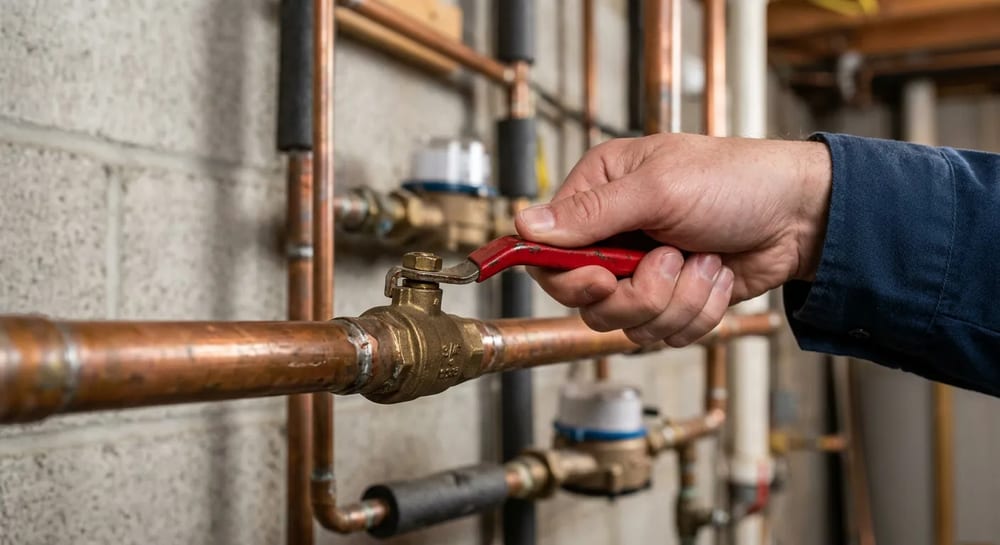 Turn a lever valve so it sits across the pipe to stop the water.