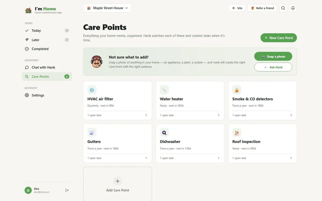 The Care Points grid in I am Home on the web, one card per thing to maintain