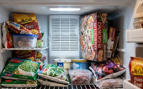 A frozen pizza box blocking the air vent inside a packed freezer.