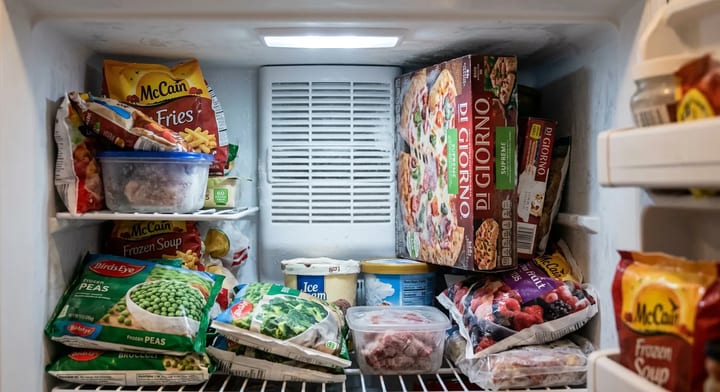 A frozen pizza box blocking the air vent inside a packed freezer.