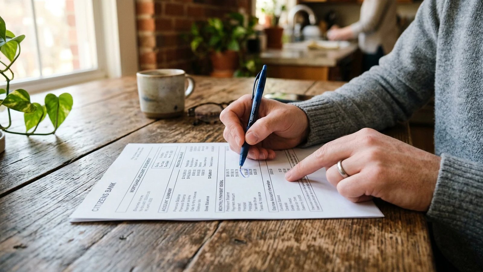 A homeowner reviewing a printed mortgage statement on a wooden table.