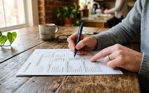 A homeowner reviewing a printed mortgage statement on a wooden table.
