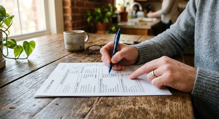 A homeowner reviewing a printed mortgage statement on a wooden table.