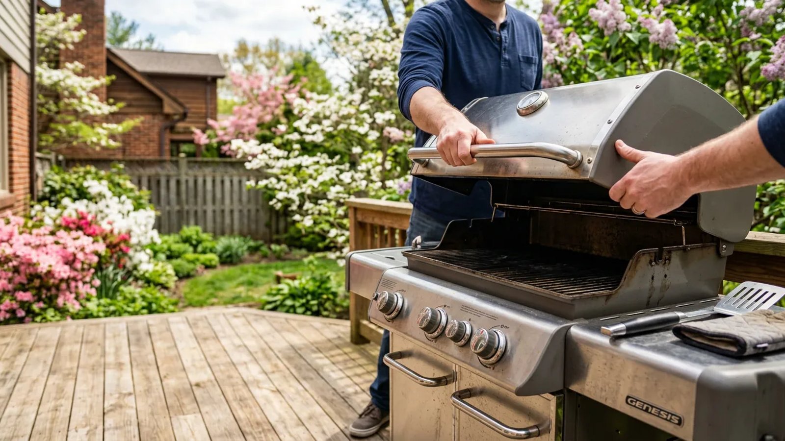 Opening a stainless steel gas grill on a backyard deck to prepare for summer cooking
