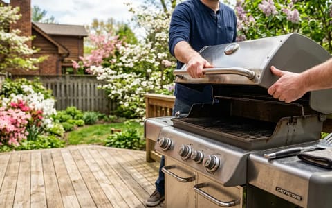 Opening a stainless steel gas grill on a backyard deck to prepare for summer cooking