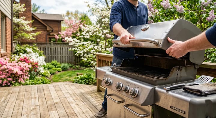 Opening a stainless steel gas grill on a backyard deck to prepare for summer cooking