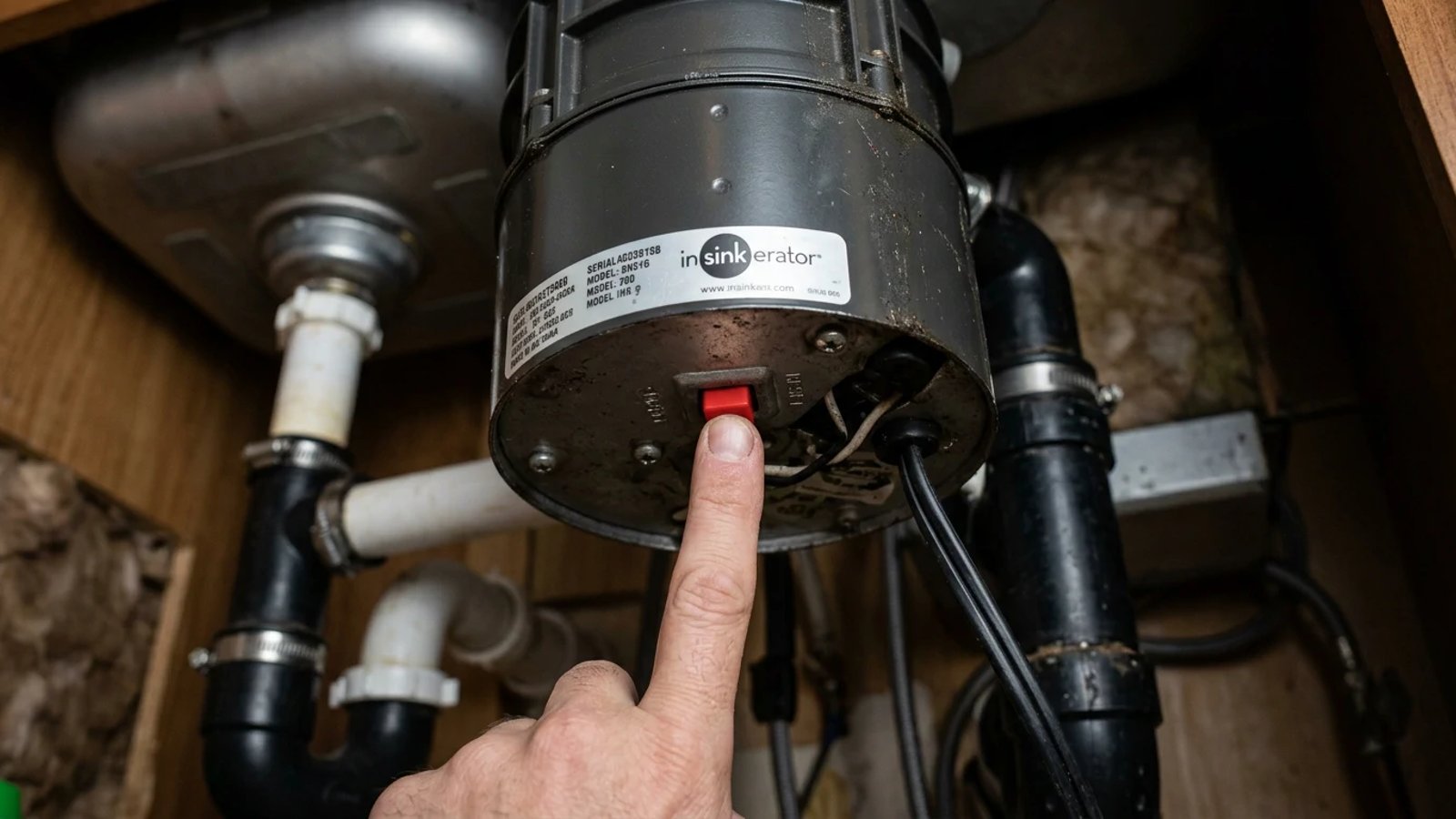 A person pressing the red reset button on the bottom of a garbage disposal unit.