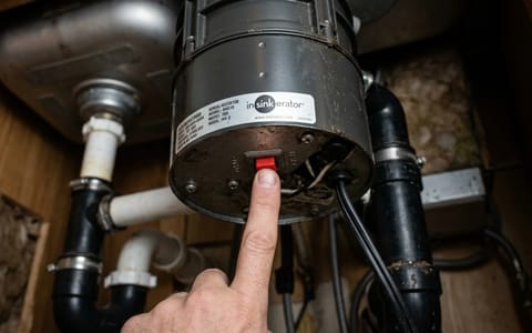 A person pressing the red reset button on the bottom of a garbage disposal unit.