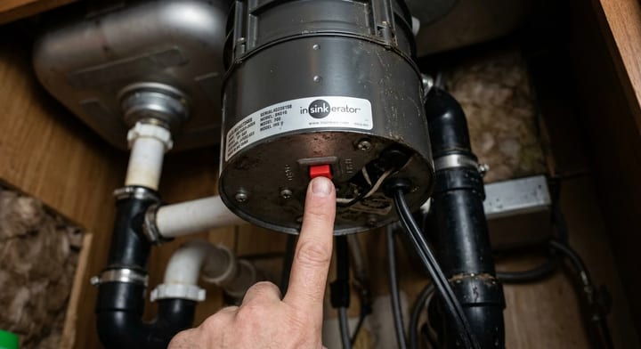 A person pressing the red reset button on the bottom of a garbage disposal unit.