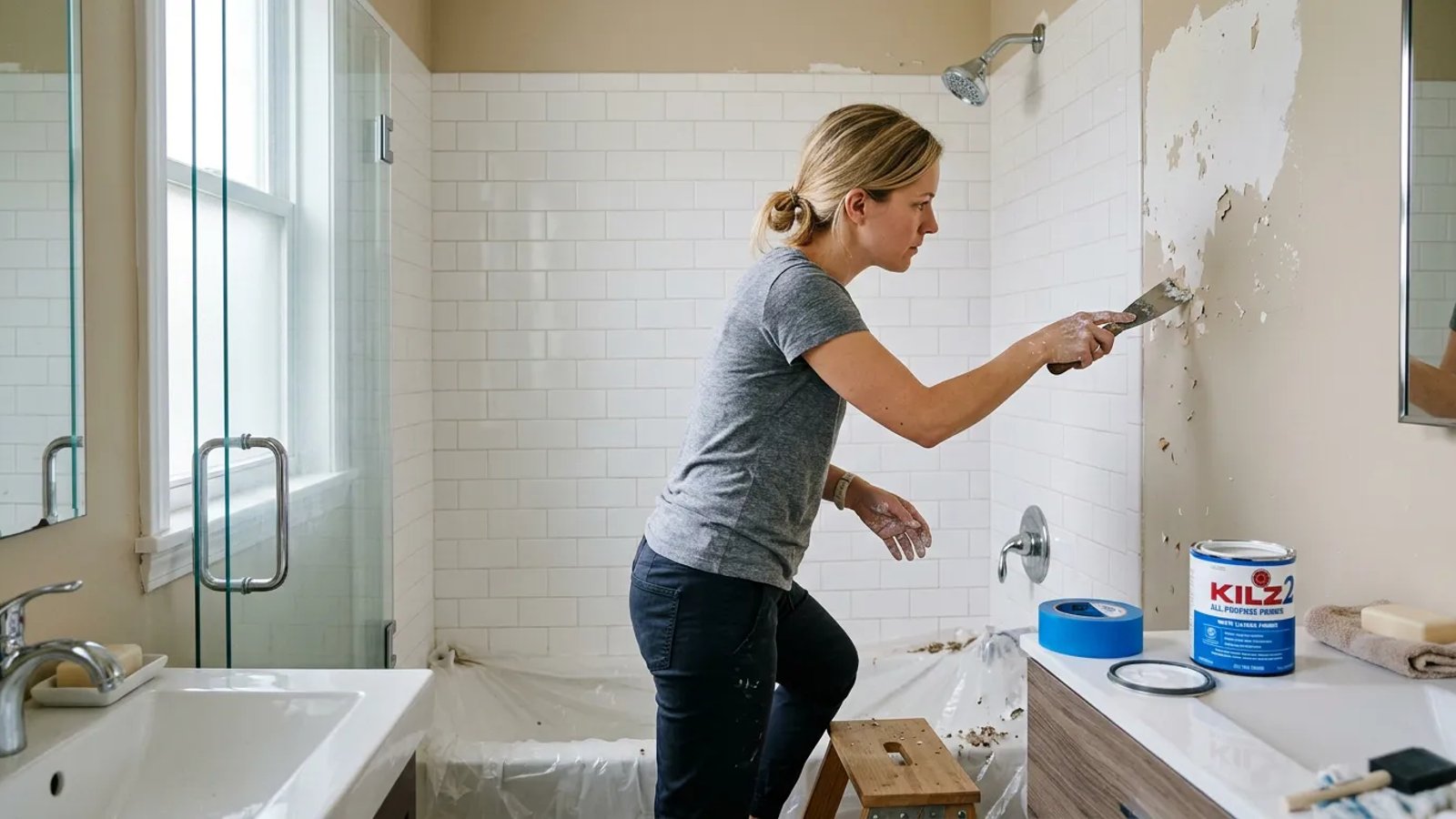 Homeowner scraping peeling paint off a bathroom wall above a shower.