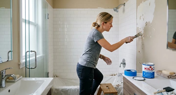 Homeowner scraping peeling paint off a bathroom wall above a shower.