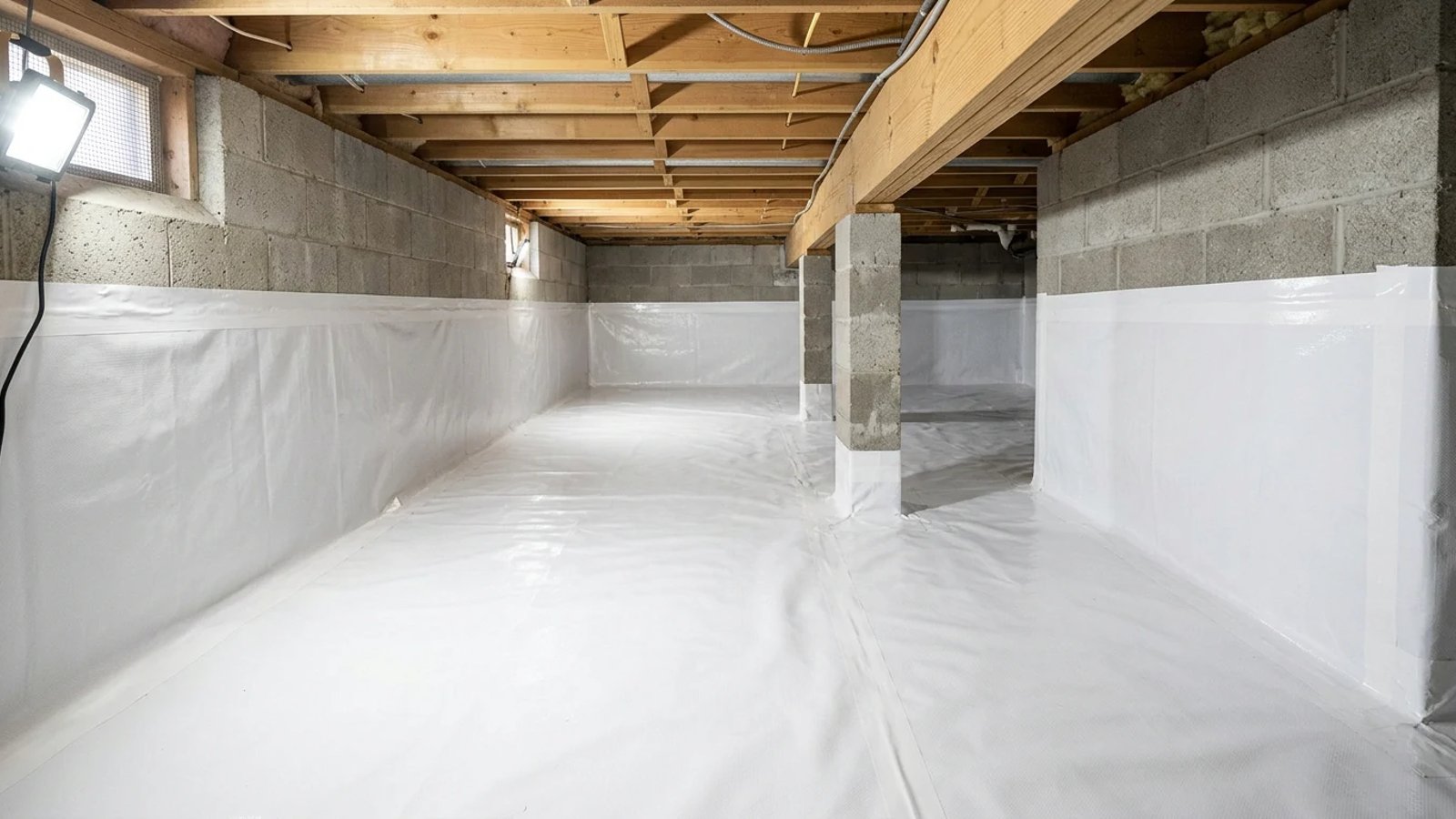 A clean, encapsulated crawl space with a thick white moisture barrier.