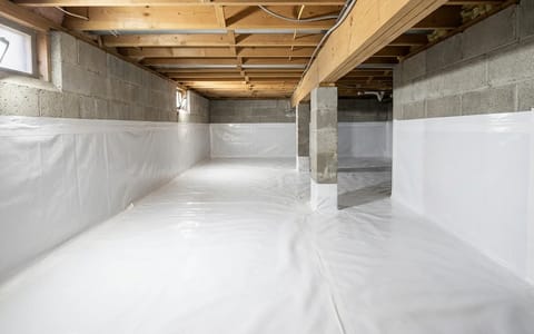 A clean, encapsulated crawl space with a thick white moisture barrier.