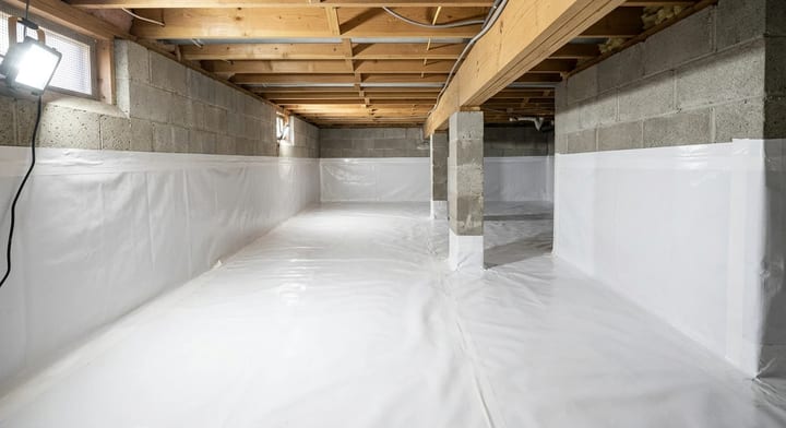 A clean, encapsulated crawl space with a thick white moisture barrier.