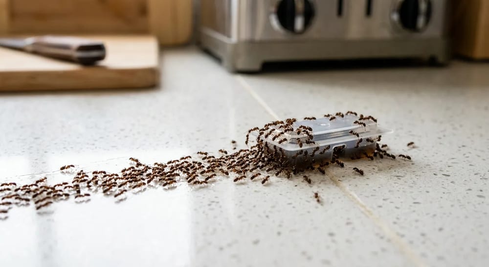 Liquid bait stations let ants carry poison back to the colony.