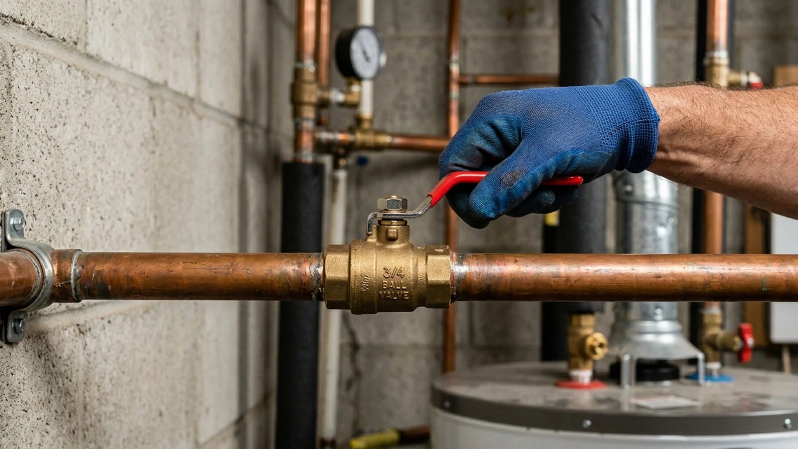 A homeowner turning off the main water supply using a red ball valve on a copper pipe.
