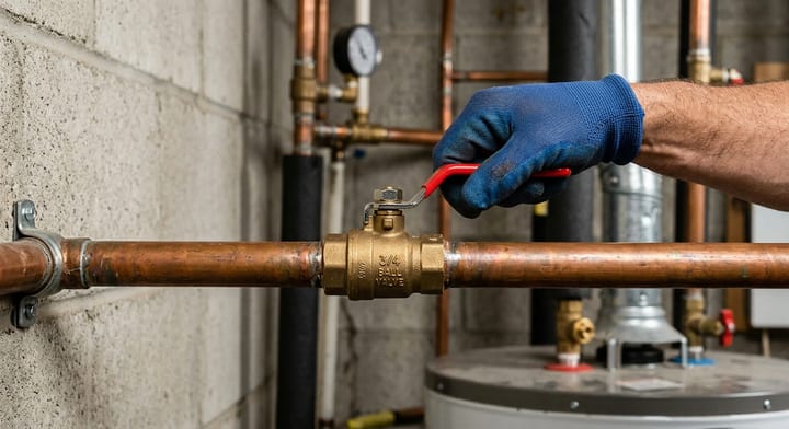 A homeowner turning off the main water supply using a red ball valve on a copper pipe.