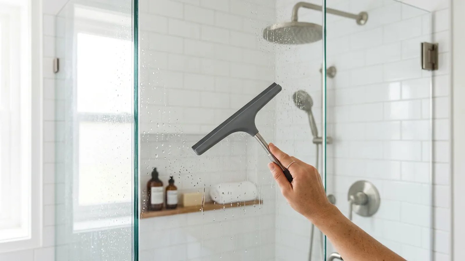 A clean glass shower door being wiped with a squeegee