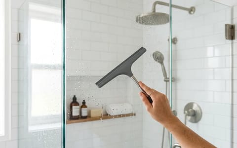 A clean glass shower door being wiped with a squeegee