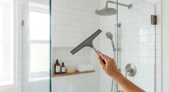 A clean glass shower door being wiped with a squeegee
