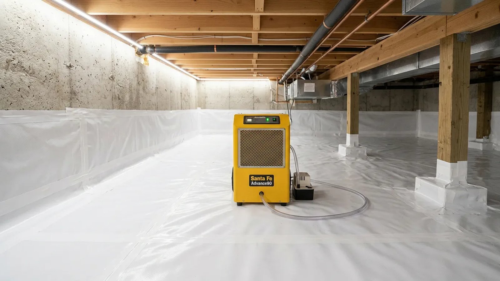 A clean, encapsulated crawl space with a bright white vapor barrier and a dehumidifier.
