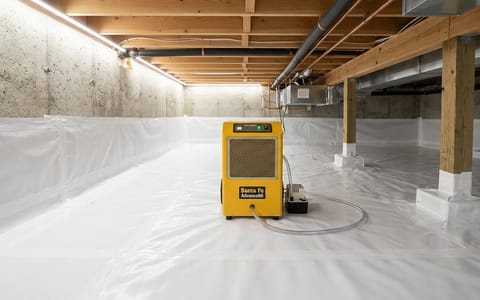 A clean, encapsulated crawl space with a bright white vapor barrier and a dehumidifier.