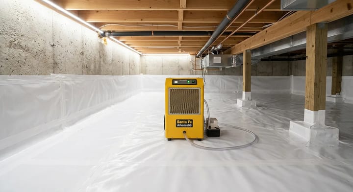 A clean, encapsulated crawl space with a bright white vapor barrier and a dehumidifier.