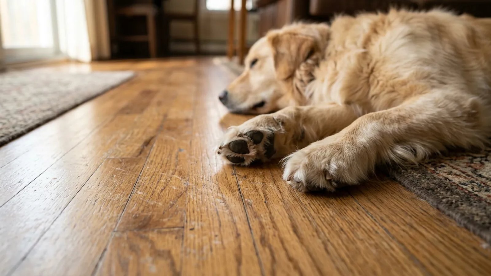Dog paws resting on a hardwood floor with minor surface scratches visible in the light.