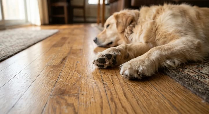 Dog paws resting on a hardwood floor with minor surface scratches visible in the light.