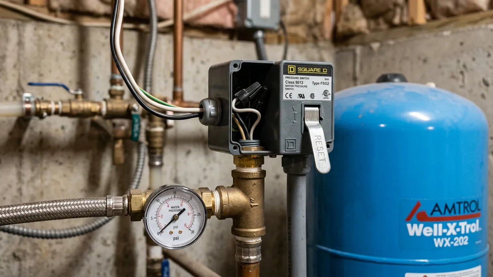 A close-up of a grey well pump pressure switch with a manual reset lever attached to a blue pressure tank.