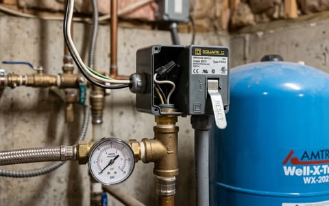 A close-up of a grey well pump pressure switch with a manual reset lever attached to a blue pressure tank.