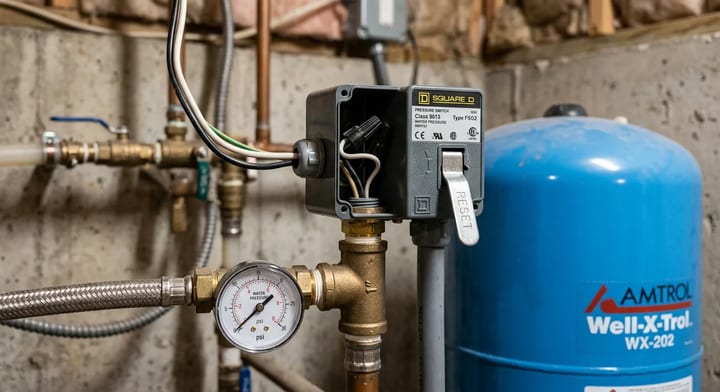 A close-up of a grey well pump pressure switch with a manual reset lever attached to a blue pressure tank.