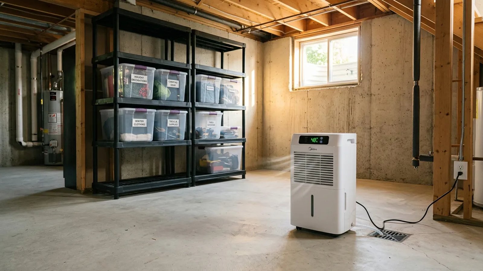 A modern dehumidifier running in a clean, organized basement with elevated storage.