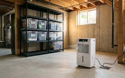 A modern dehumidifier running in a clean, organized basement with elevated storage.