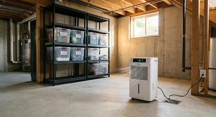 A modern dehumidifier running in a clean, organized basement with elevated storage.